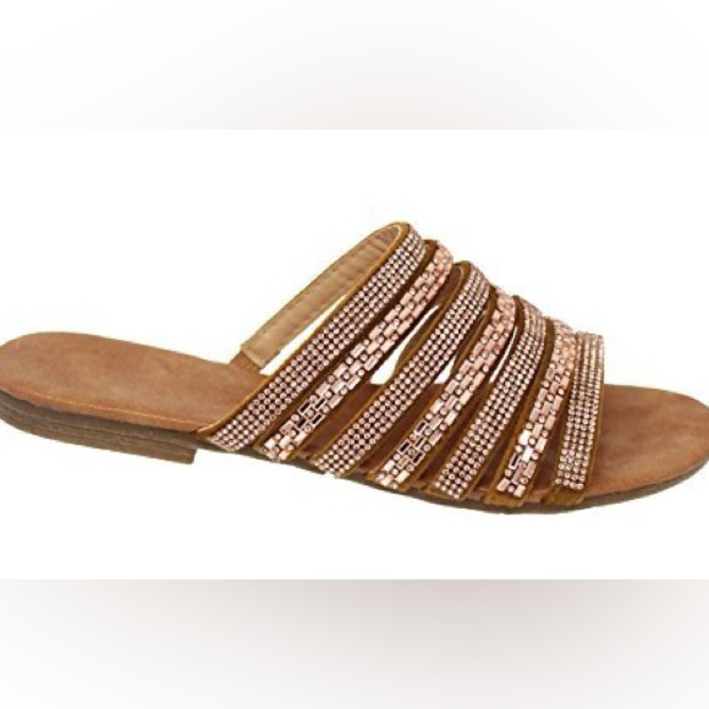 NATURE BREEZE Adrian Crystal Strappy Flat Slide Sandals Copper Rose Gold Size 9